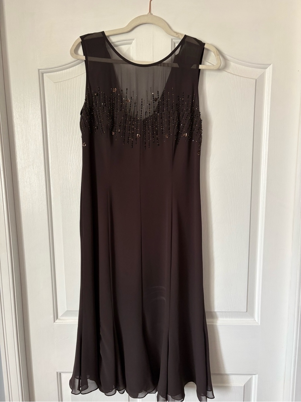 Sleeveless Midi Dress with Beaded Yoke - Chocolate Brown